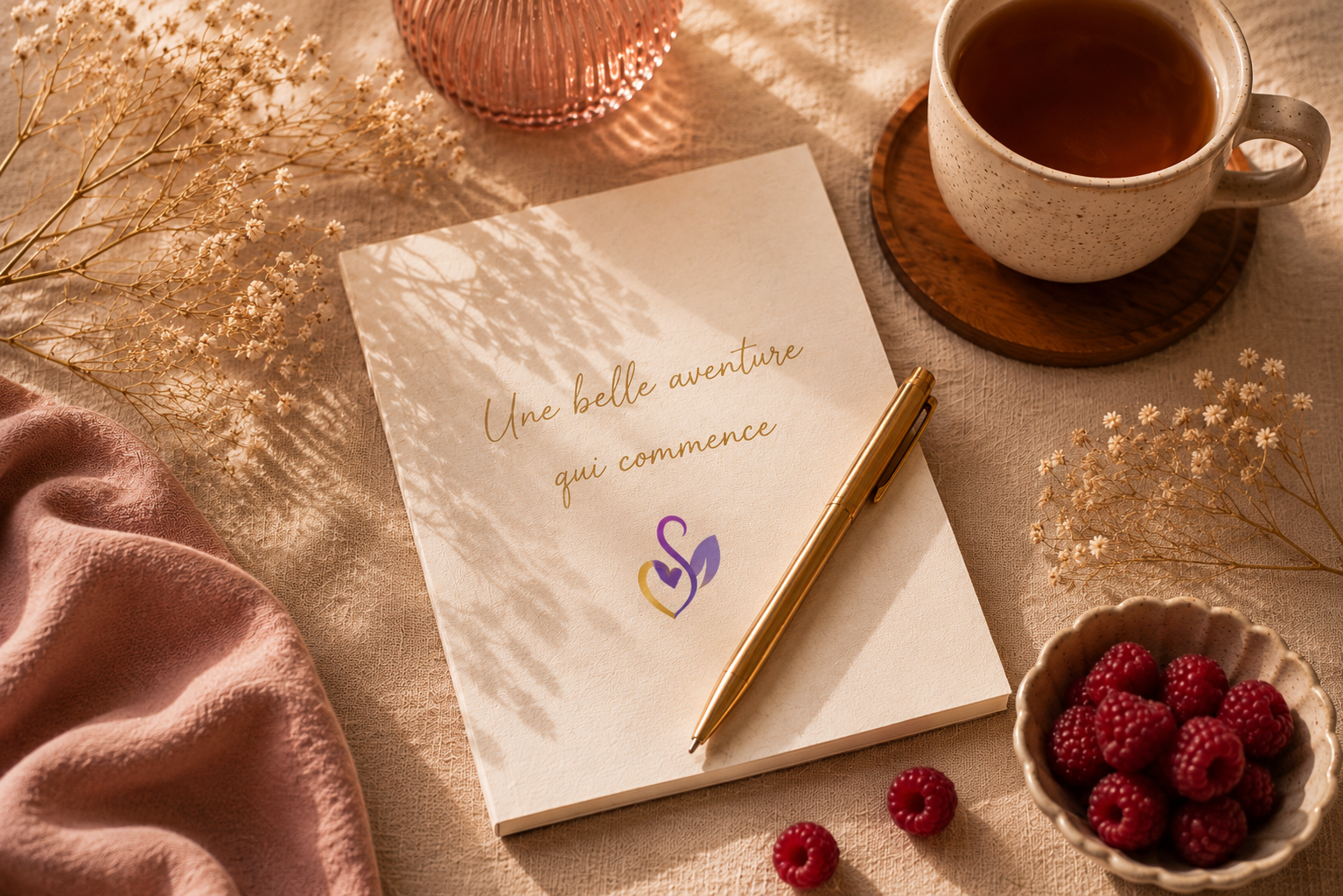 Carnet avec message manuscrit de remerciement, tasse de café et fleur séchée, ambiance chaleureuse