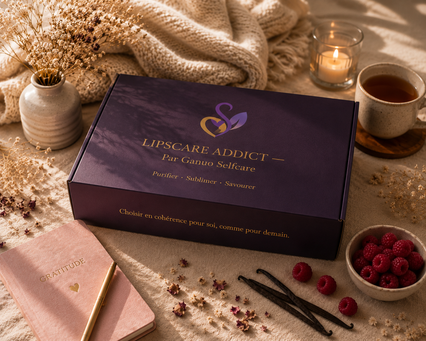 Box Ganuo Lipscare Addict ouverte, présentant des produits de soins naturels sélectionnés pour les marques partenaires